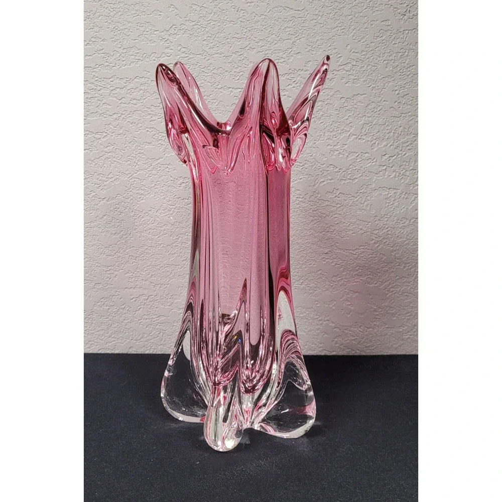 MCM Josef Hospodka Chribska Cranberry Pink Art Glass Starburst Vase Czech 12